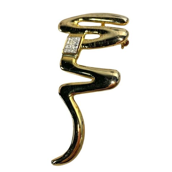 Vintage Park Lane 3" Gold Tone Swiggle Pattern Brooch with Rhinestones - Picture 2 of 6